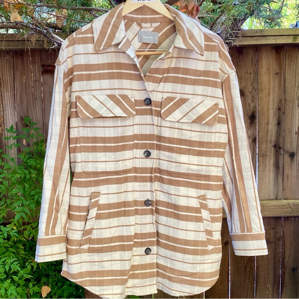 🤎 🍂 Everlane The Oversized Camel Plaid Button Shirt Shacket XL 💯 cotton